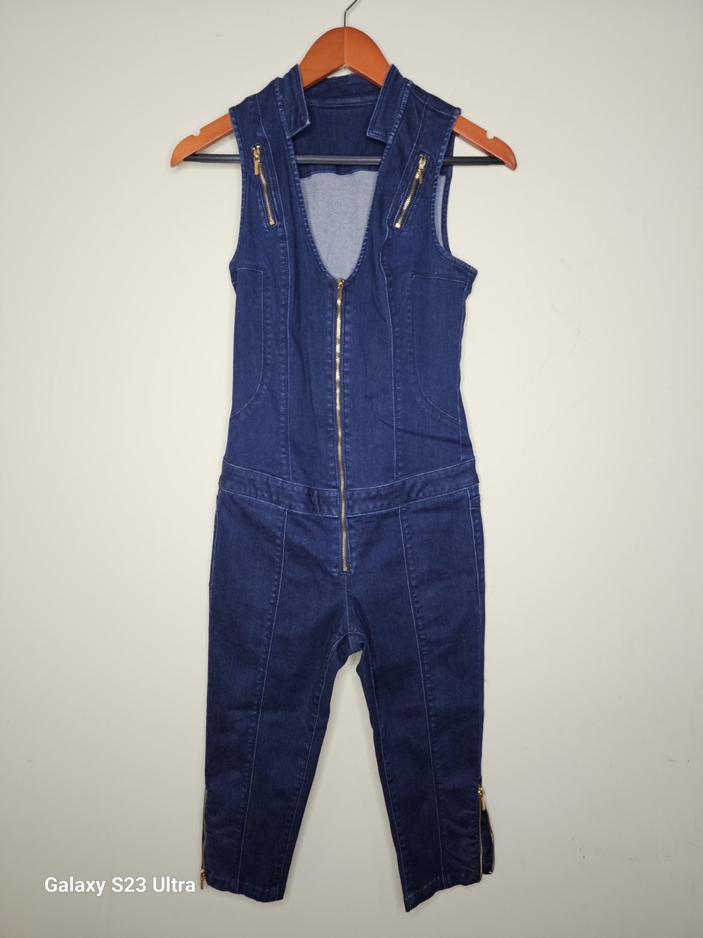 bebe Dark Blue Denim Jumpsuit with Gold Zippers